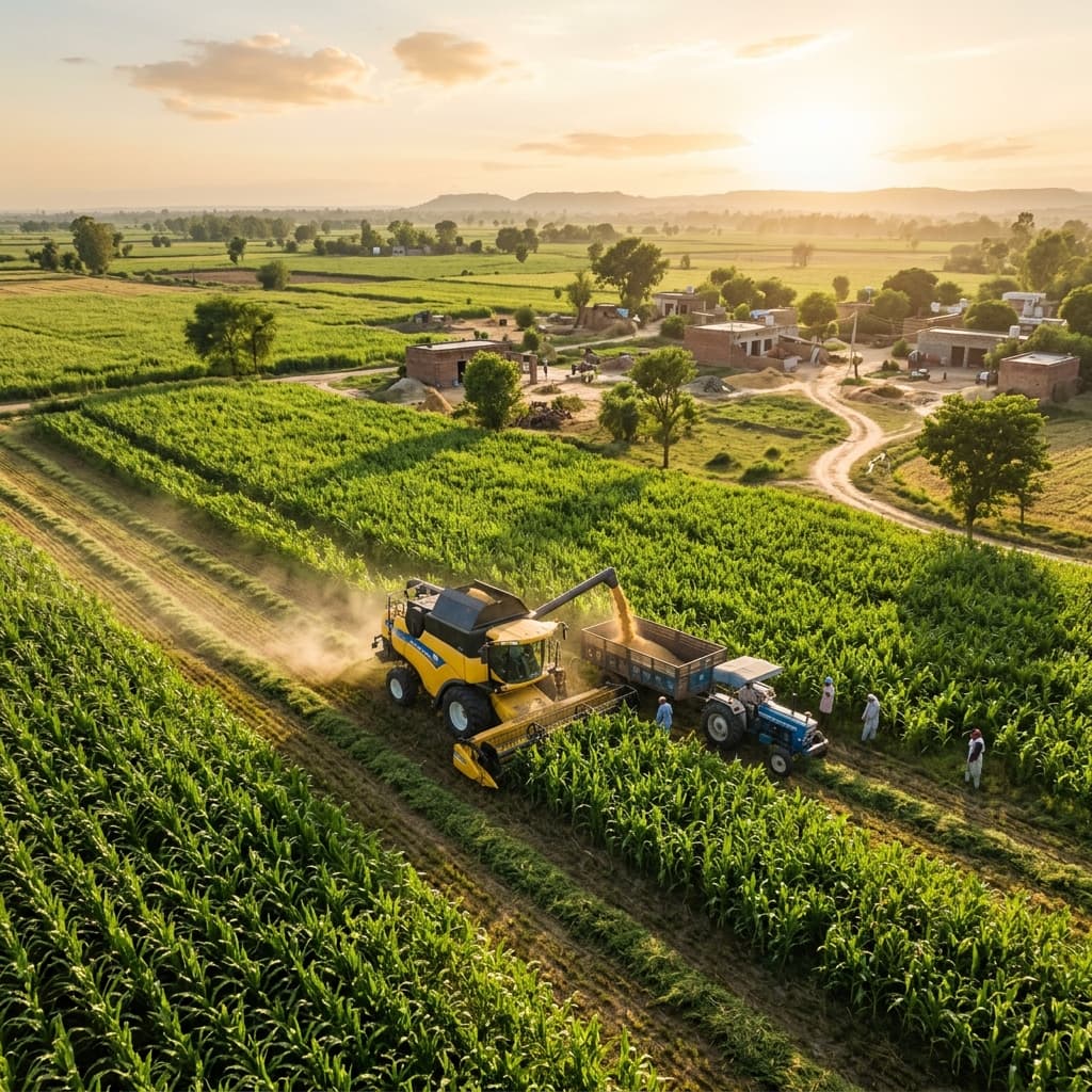 Creative drone aerial shot of a modern harvester in a vibrant green maize field