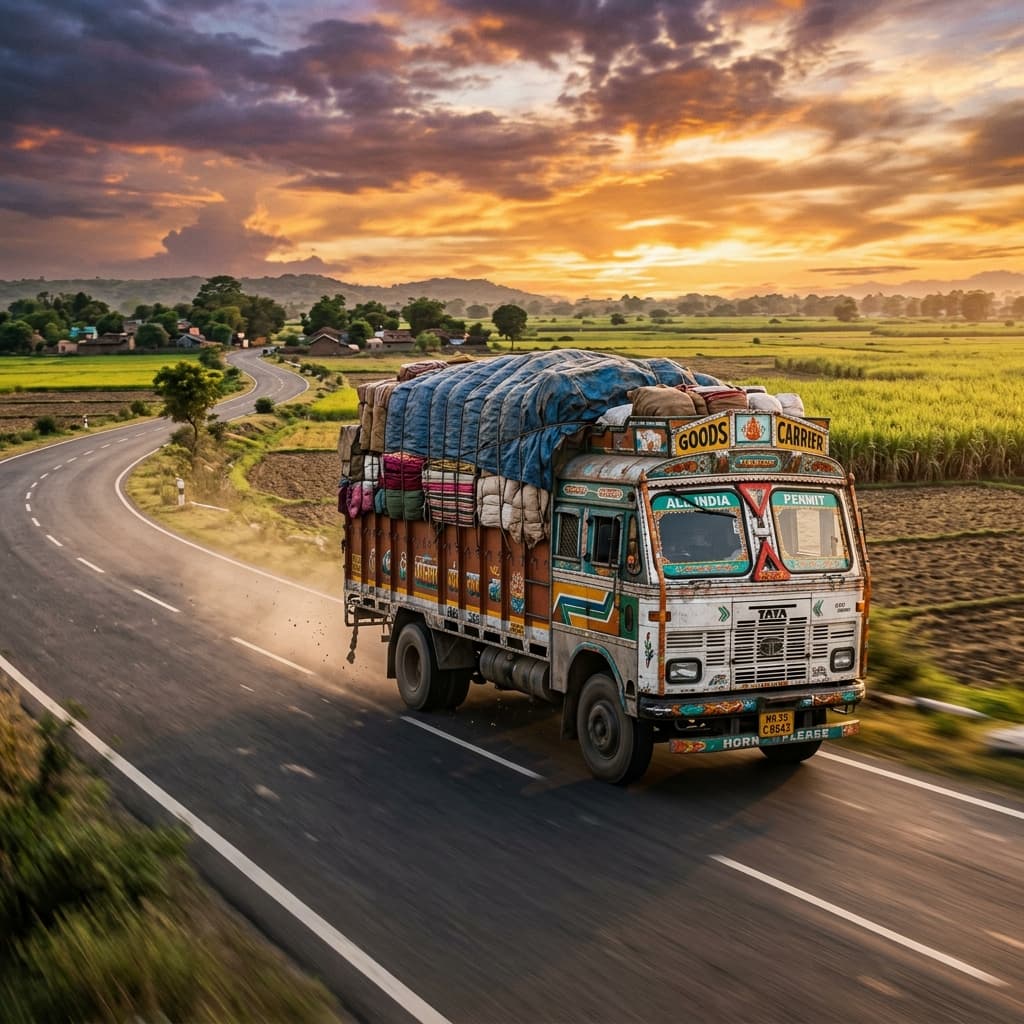Indian commercial cargo truck on a rural highway