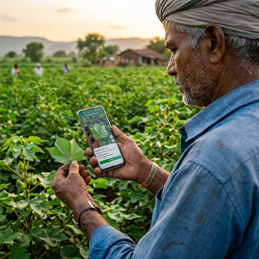 Indian farmer using AI crop scanning app in a lush field